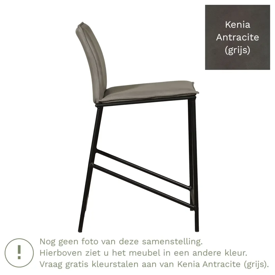 afbeelding van Leren barkruk laag Favor - Kenia Antracite (grijs) - poten staal rond zwart